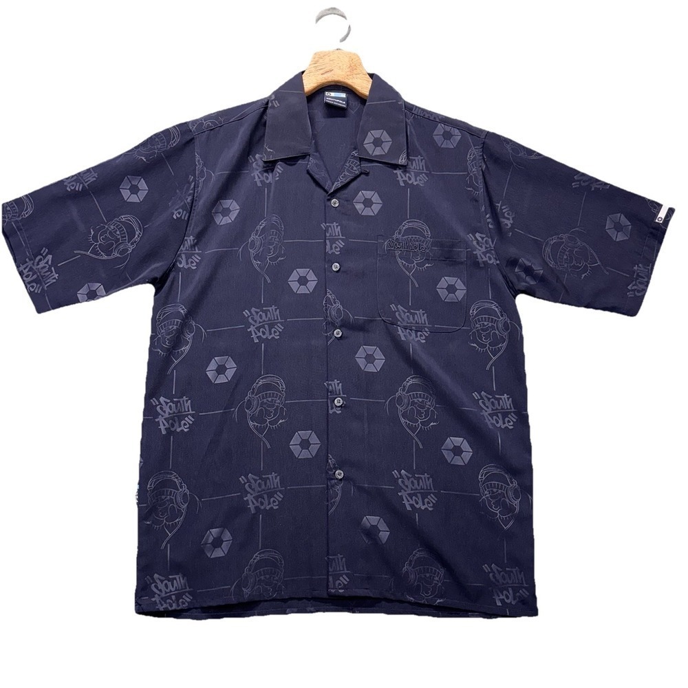 Southpole Shirt Mens‎ M Blue Short Sleeves Hip Hop Graffiti Y2K Loop Collar Camp